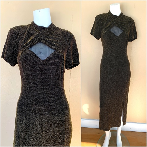 Vintage 90s Gold Peekaboo Evening Dress | Short Sleeve Mockneck Gown w Slit - Picture 4 of 11